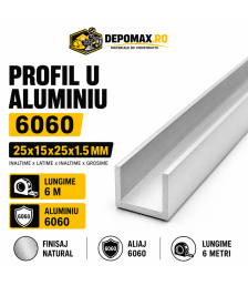 Profil U aluminiu 25 x 15 x 25 x 1.5 mm, 6 metri